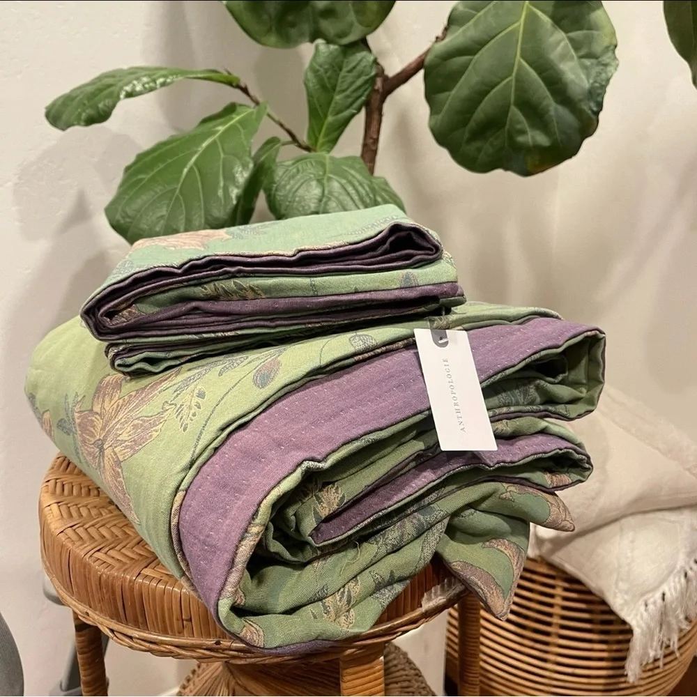 NEW Anthro Green Purple Floral Linen Boho Queen / King Bedding Duvet & Sham Set